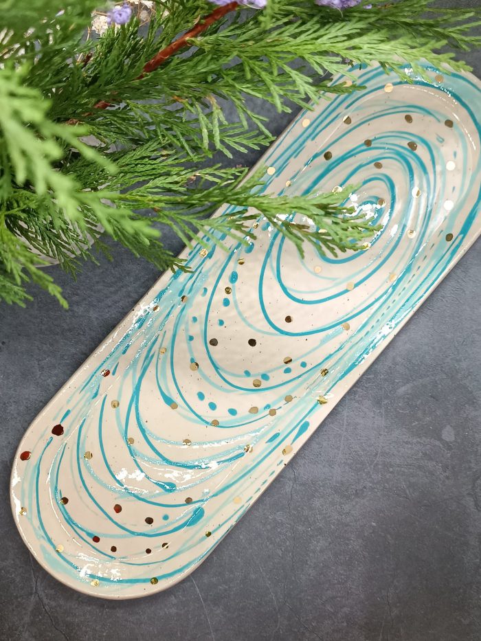 Mint and Turquoise Oval Serving Plate with Gold Dots 2.0 - Image 2