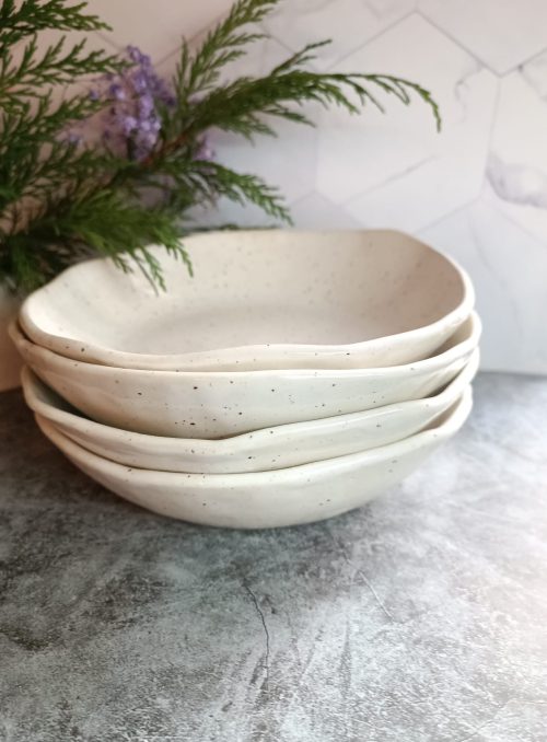 Set of 4 Handmade White Speckled Pasta Bowls