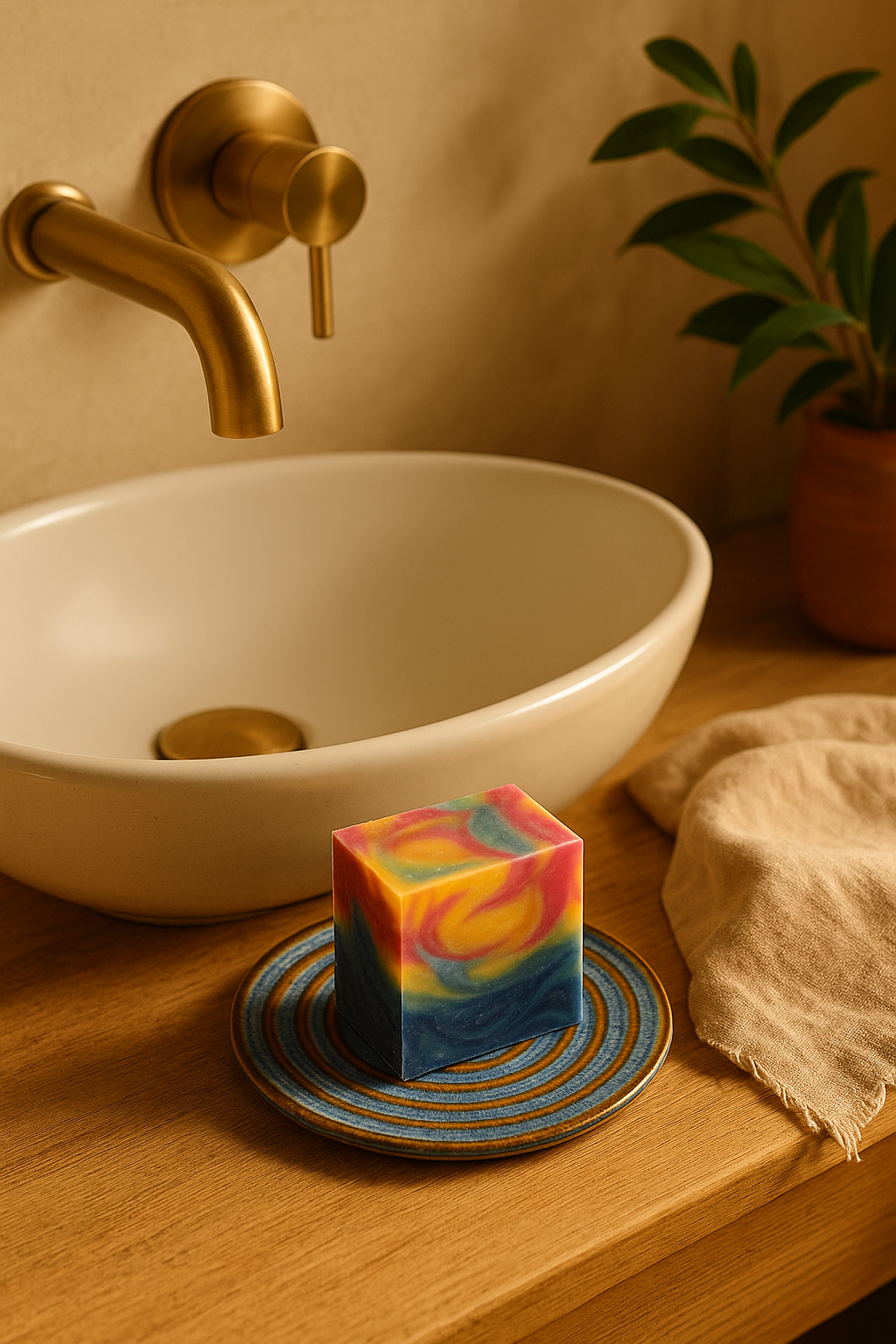 Ocean Rings Soap Plate – Handmade Stoneware Dish in Blue & Amber Glaze - Image 3