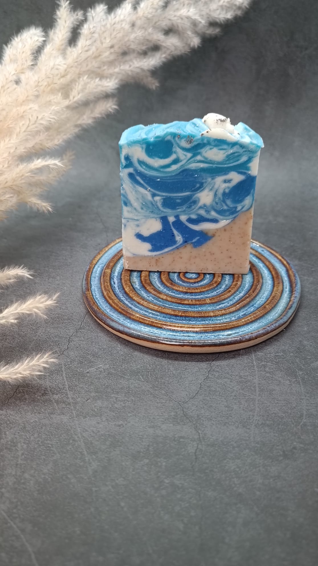 Ocean Rings Soap Plate – Handmade Stoneware Dish in Blue & Amber Glaze - Image 2