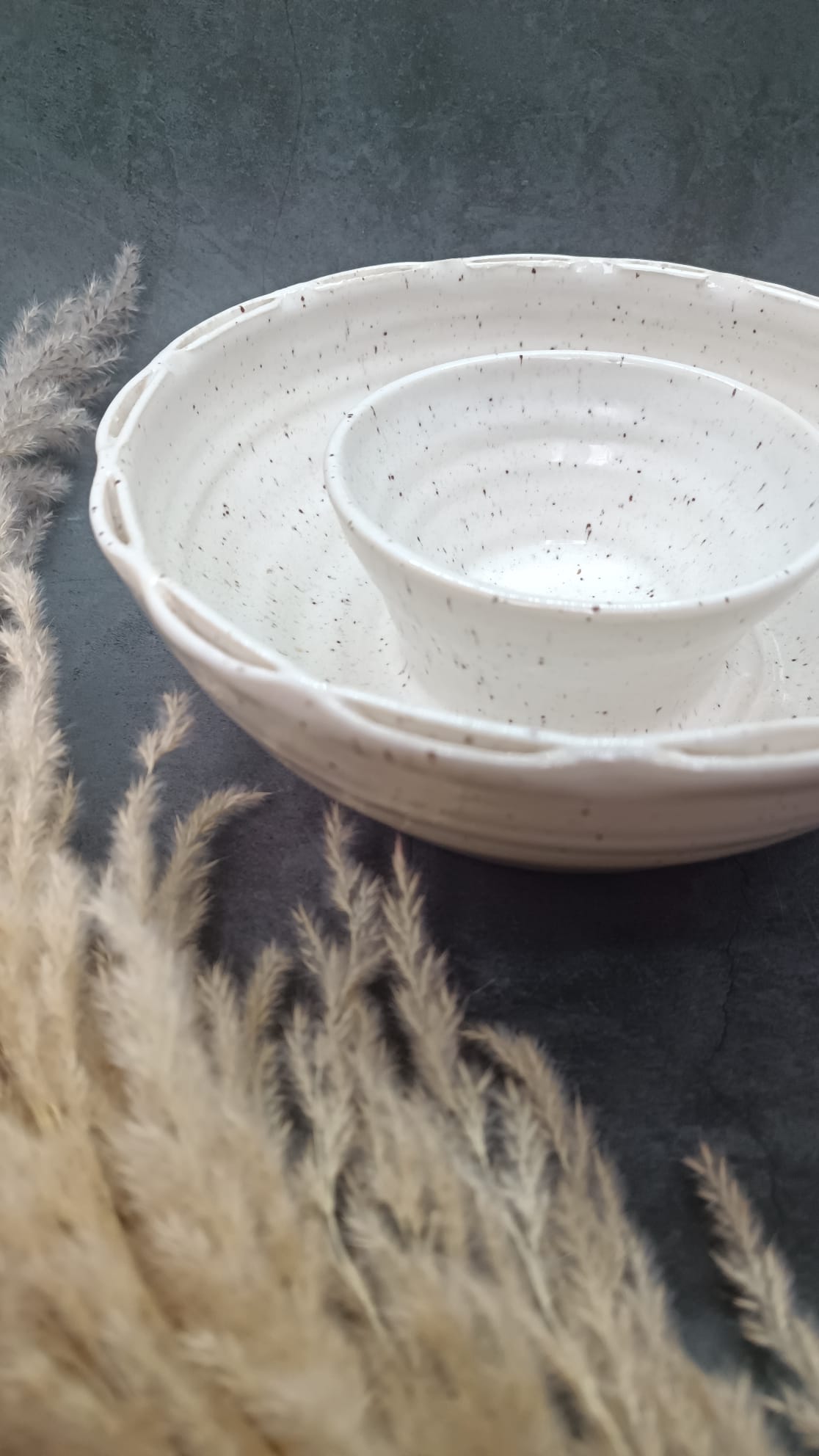 Handmade Ceramic Chip & Dip Bowl Set – White Speckled | Serving Platter with Dip Bowl - Image 2